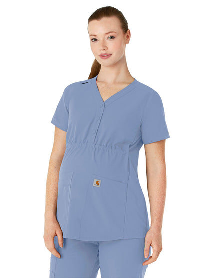 Women's Four-Pocket Henley Maternity Scrub Top - C14113 - Ceil Blue