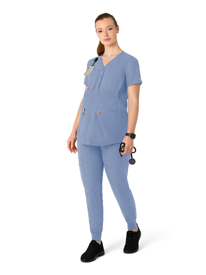 Women's Four-Pocket Henley Maternity Scrub Top - C14113 - Ceil Blue