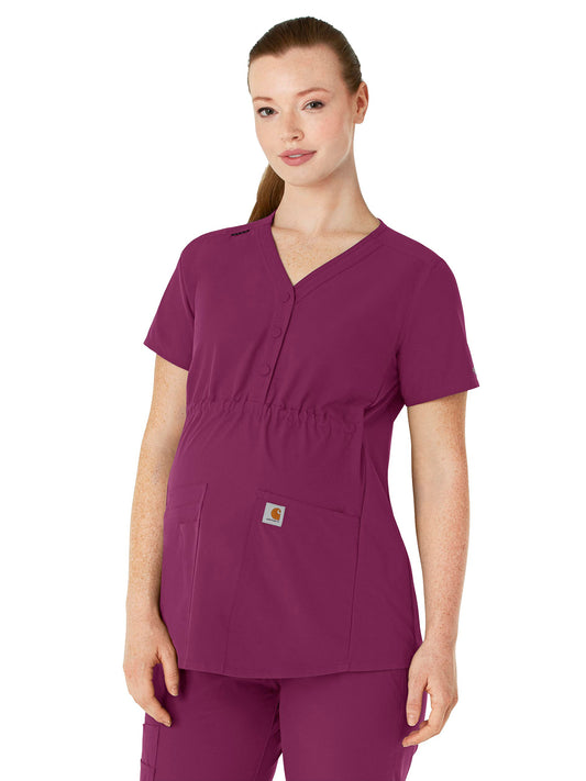 Women's Four-Pocket Henley Maternity Scrub Top - C14113 - Wine