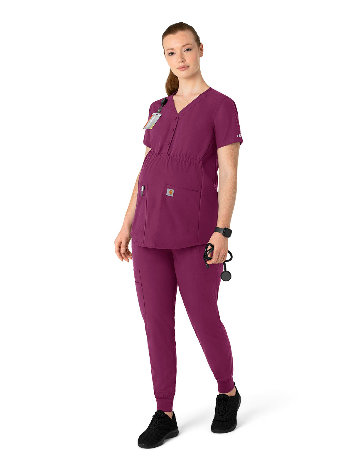 Women's Four-Pocket Henley Maternity Scrub Top - C14113 - Wine