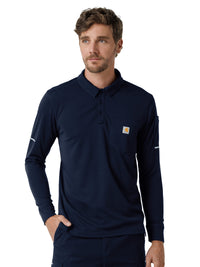 Men's Three-Pocket  Heavyweight Long Sleeve Polo Scrub Top - C16129 - Dark Navy