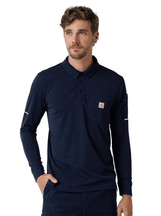 Men's Three-Pocket  Heavyweight Long Sleeve Polo Scrub Top - C16129 - Dark Navy