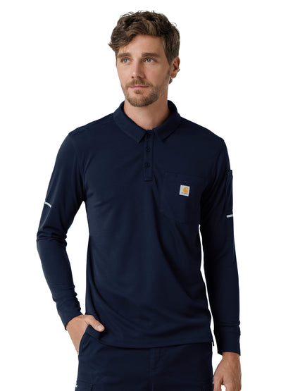 Men's Three-Pocket  Heavyweight Long Sleeve Polo Scrub Top - C16129 - Dark Navy