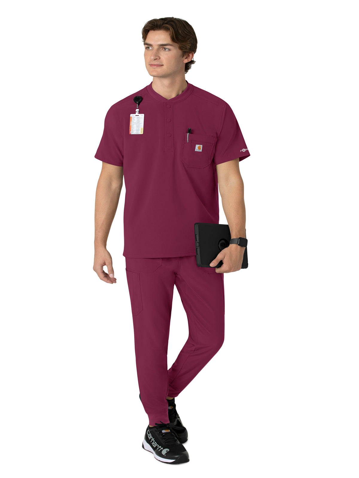 Men's Three-Pocket Henley Scrub Top - C16310 - Wine