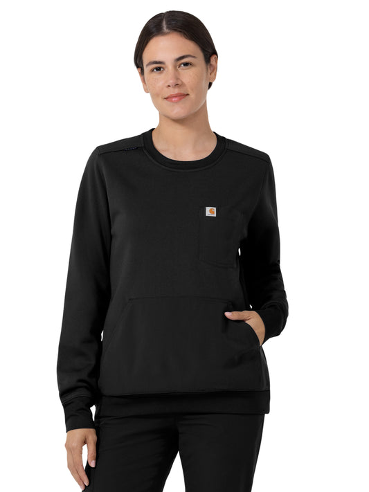 Women's Two-Pocket Crew Neck Fleece Scrub Sweatshirt - C31033 - Black