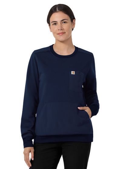 Women's Two-Pocket Crew Neck Fleece Scrub Sweatshirt - C31033 - Navy
