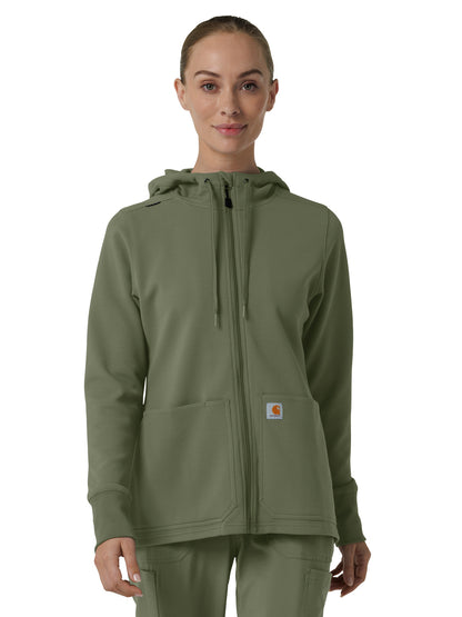Women's Three-Pocket Full Zip Waffle Hoodie - C82008 - Olive