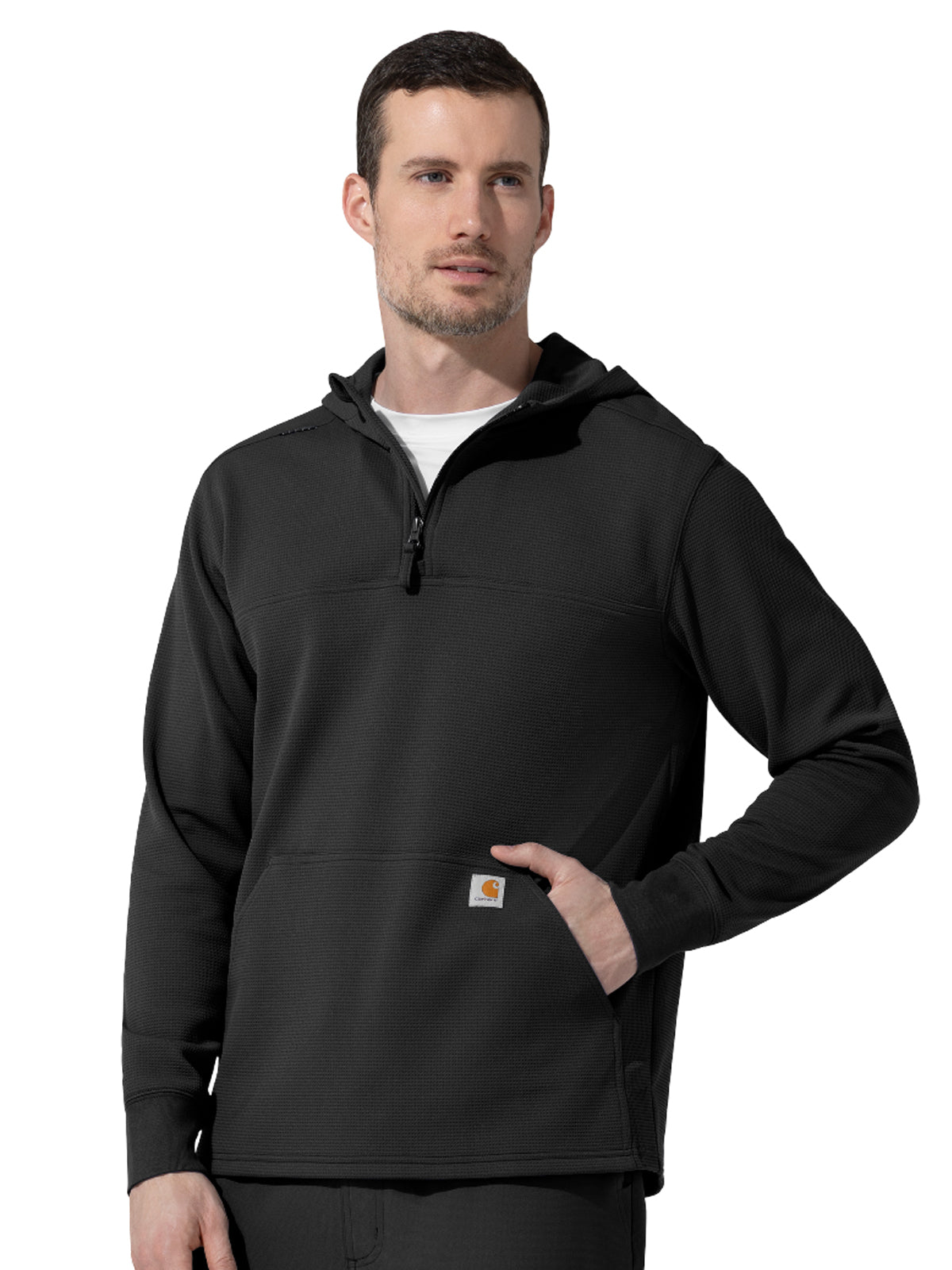 Men's One-Pocket Quarter Zip Waffle Hoodie - C83008 - Black