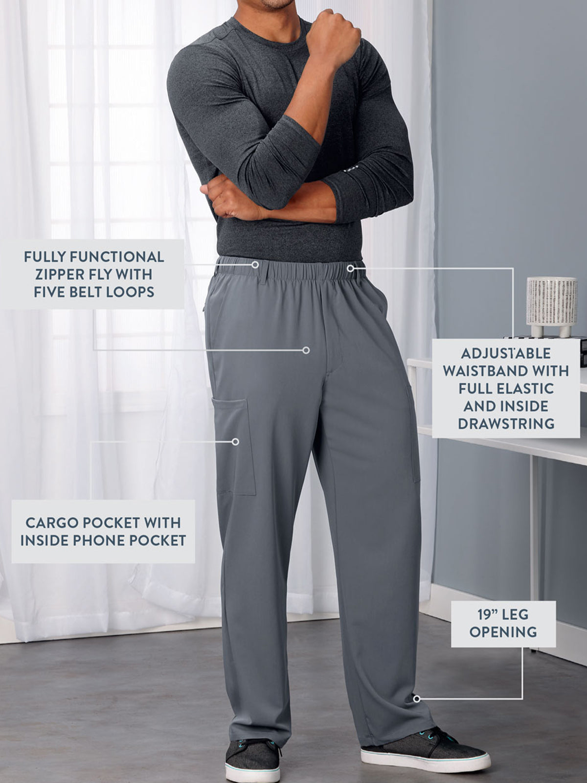 Men's 7-Pocket Full Elastic Scrub Pant - 2305 - Pewter