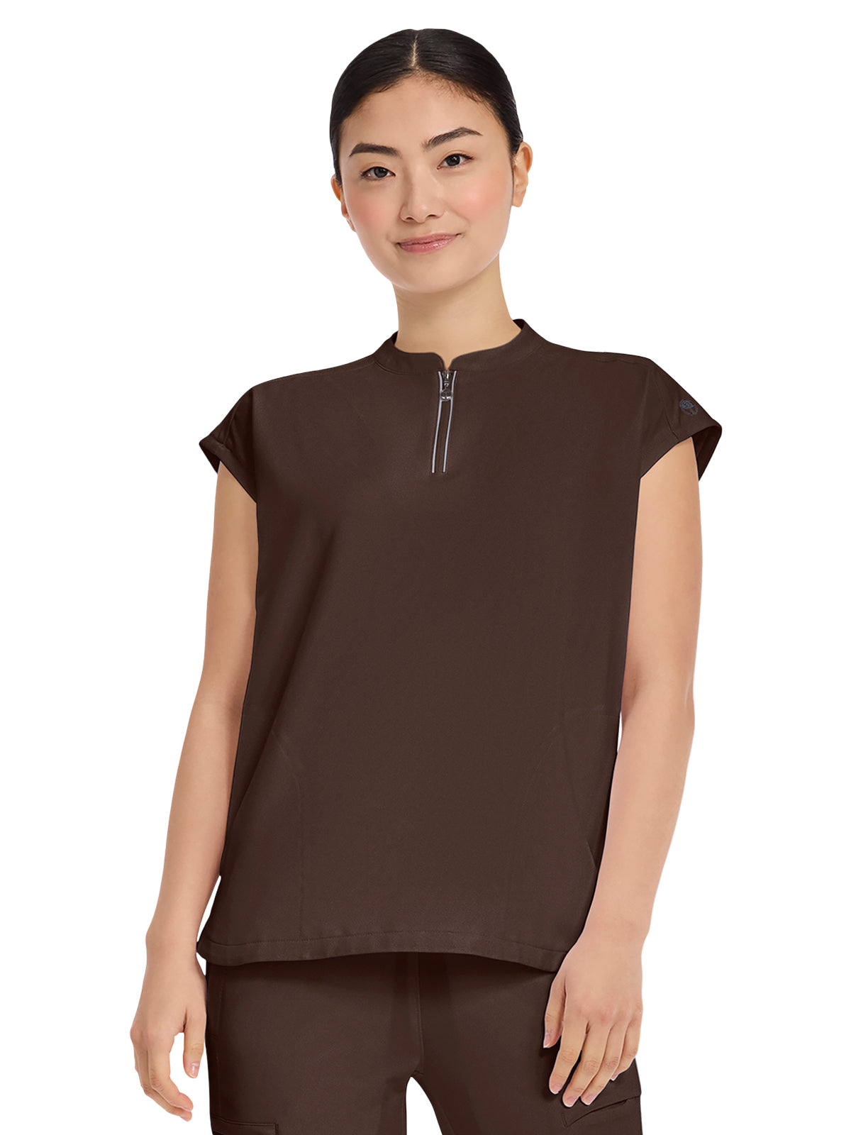 Women's 2-Pocket Sandy Mandarin Collar Top - 2286 - Dark Chocolate