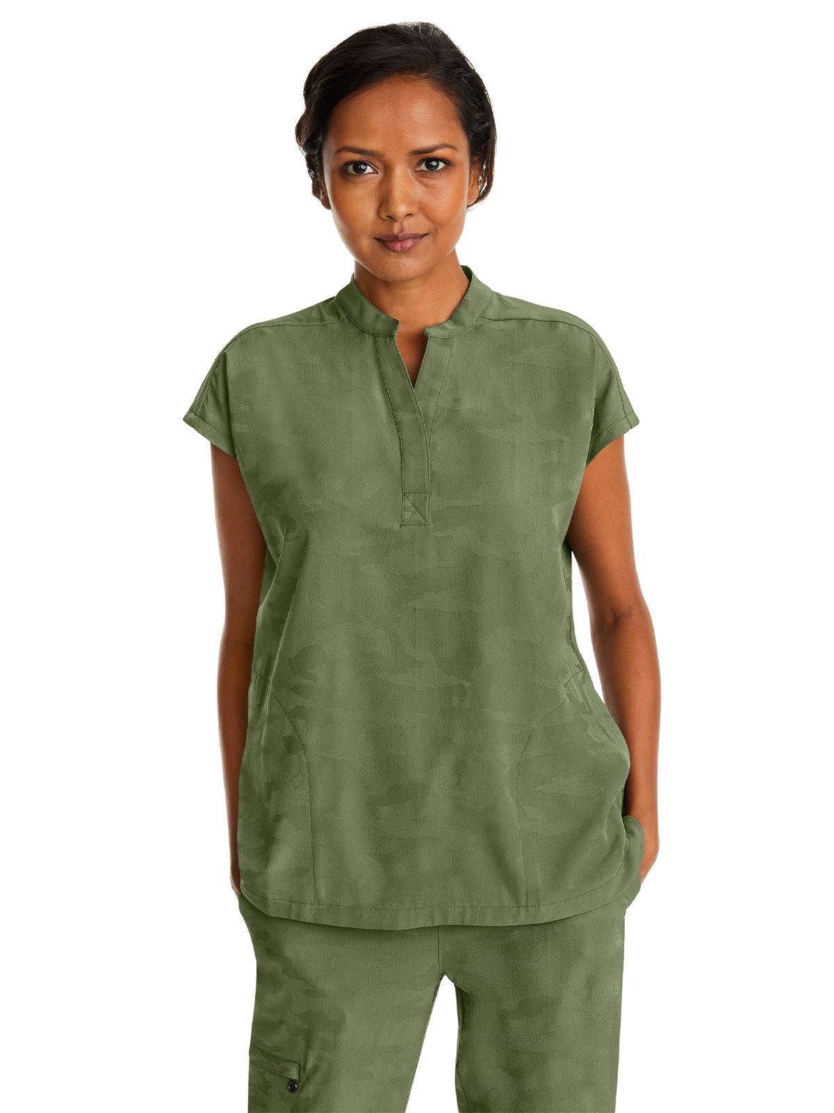 Women's 2-Pocket Journey Camo Mandarin Style Top - 2352 - Olive