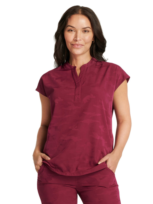 Women's 2-Pocket Journey Camo Mandarin Style Top - 2352 - Wine