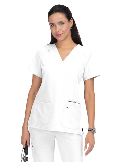 Women's 3-Pocket Wide V-Neck Stretch Hustle and Heart Scrub Top - 1019 - White