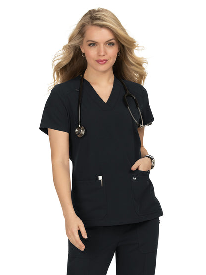 Women's Three-Pocket Wide V-Neck Stretch Hustle and Heart Top - 1019 - Black
