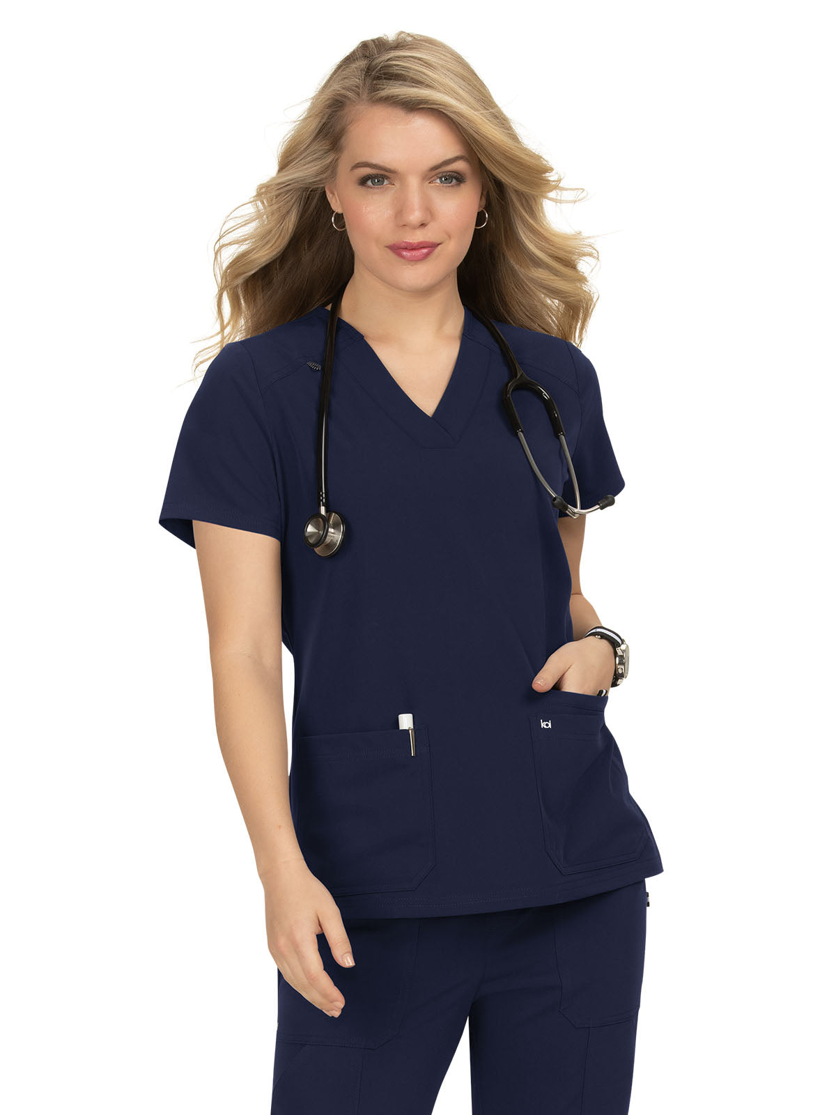 Women's 3-Pocket Wide V-Neck Stretch Hustle and Heart Scrub Top - 1019 - Navy