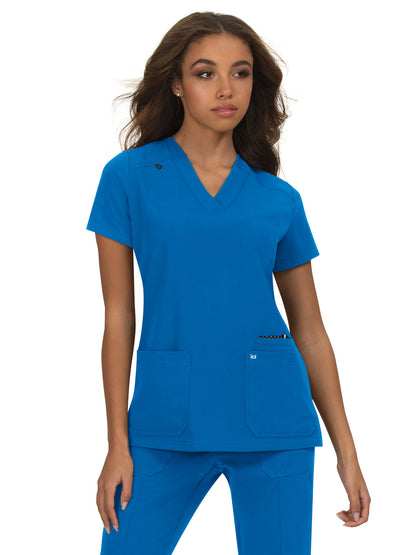 Women's 3-Pocket Wide V-Neck Stretch Hustle and Heart Scrub Top - 1019 - Royal Blue