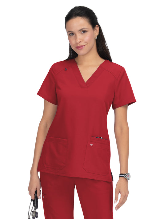 Women's 3-Pocket Wide V-Neck Stretch Hustle and Heart Scrub Top - 1019 - Ruby