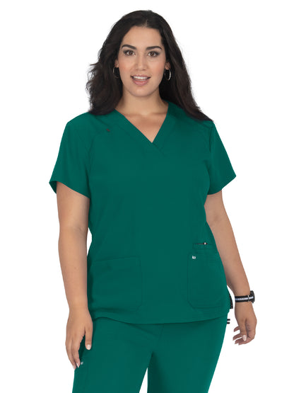 Women's Three-Pocket Wide V-Neck Stretch Hustle and Heart Top - 1019 - Hunter