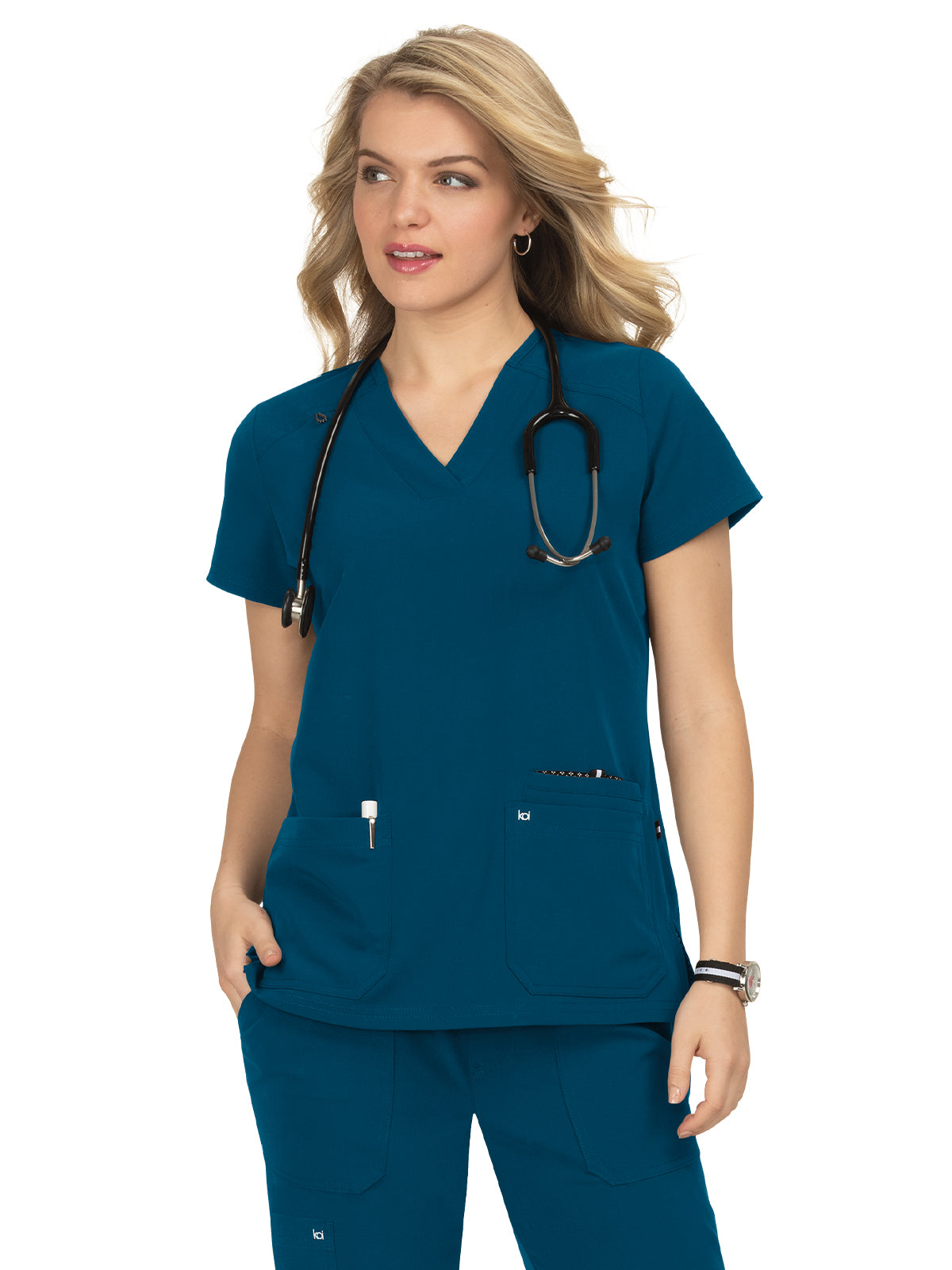 Women's Three-Pocket Wide V-Neck Stretch Hustle and Heart Top - 1019 - Caribbean Blue