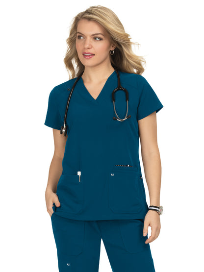 Women's Three-Pocket Wide V-Neck Stretch Hustle and Heart Top - 1019 - Caribbean Blue