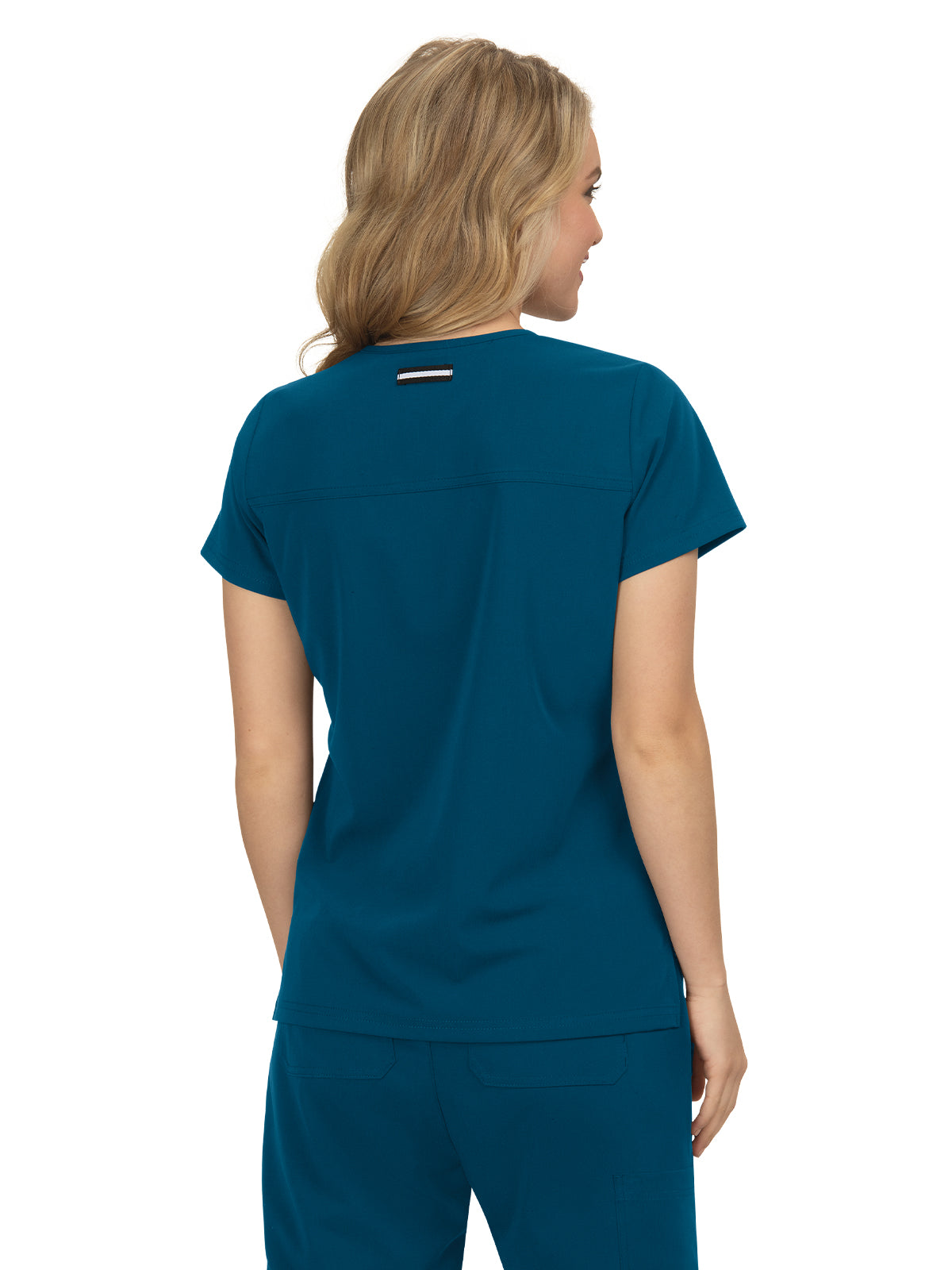 Women's 3-Pocket Wide V-Neck Stretch Hustle and Heart Scrub Top - 1019 - Caribbean Blue