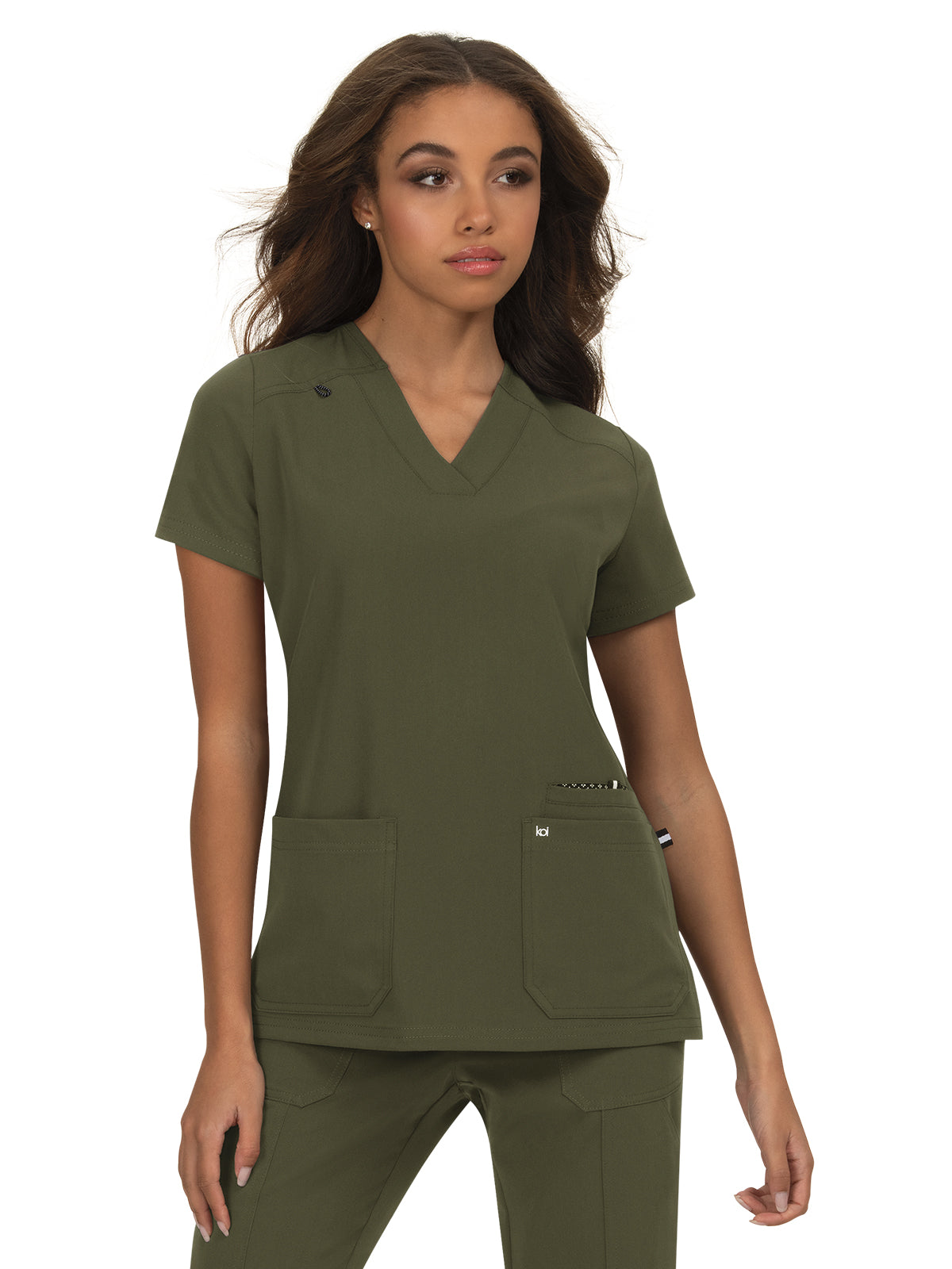 Women's Three-Pocket Wide V-Neck Stretch Hustle and Heart Top - 1019 - Olive Green
