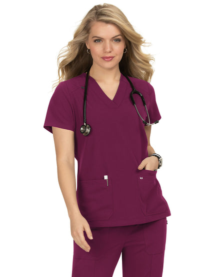 Women's Three-Pocket Wide V-Neck Stretch Hustle and Heart Top - 1019 - Wine