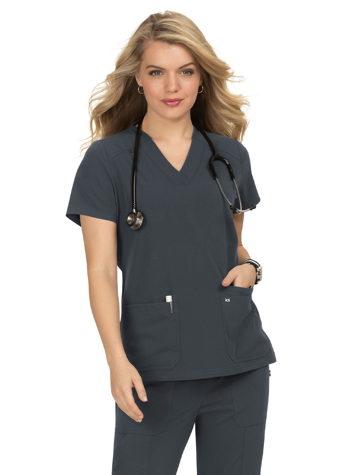 Women's 3-Pocket Wide V-Neck Stretch Hustle and Heart Scrub Top - 1019 - Charcoal