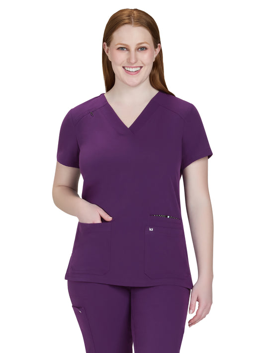 Women's Three-Pocket Wide V-Neck Stretch Hustle and Heart Top - 1019 - Eggplant