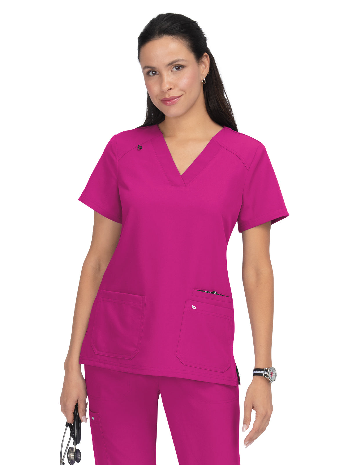 Women's Three-Pocket Wide V-Neck Stretch Hustle and Heart Top - 1019 - Azalea Pink