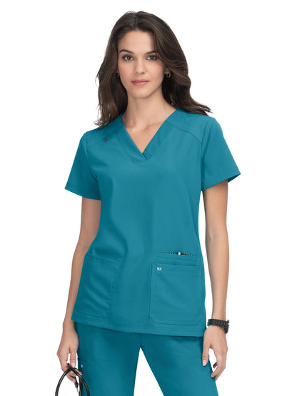 Women's Three-Pocket Wide V-Neck Stretch Hustle and Heart Top - 1019 - Teal