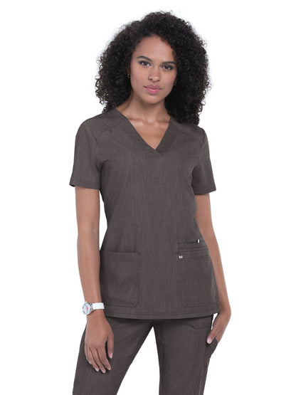 Women's 3-Pocket Wide V-Neck Stretch Hustle and Heart Scrub Top - 1019 - Heather Grey