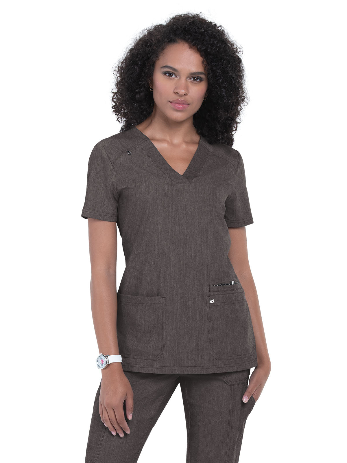 Women's Three-Pocket Wide V-Neck Stretch Hustle and Heart Top - 1019 - Heather Grey