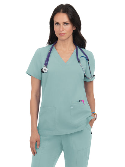 Women's Three-Pocket Wide V-Neck Stretch Hustle and Heart Top - 1019 - Sage