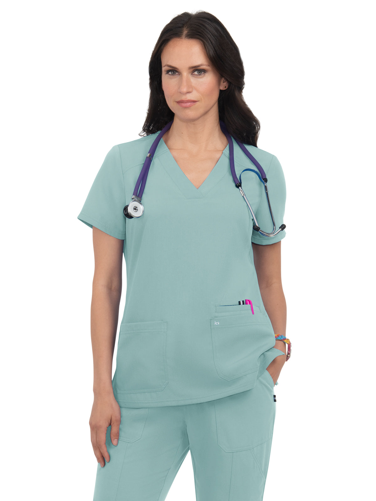 Women's Three-Pocket Wide V-Neck Stretch Hustle and Heart Top - 1019 - Sage