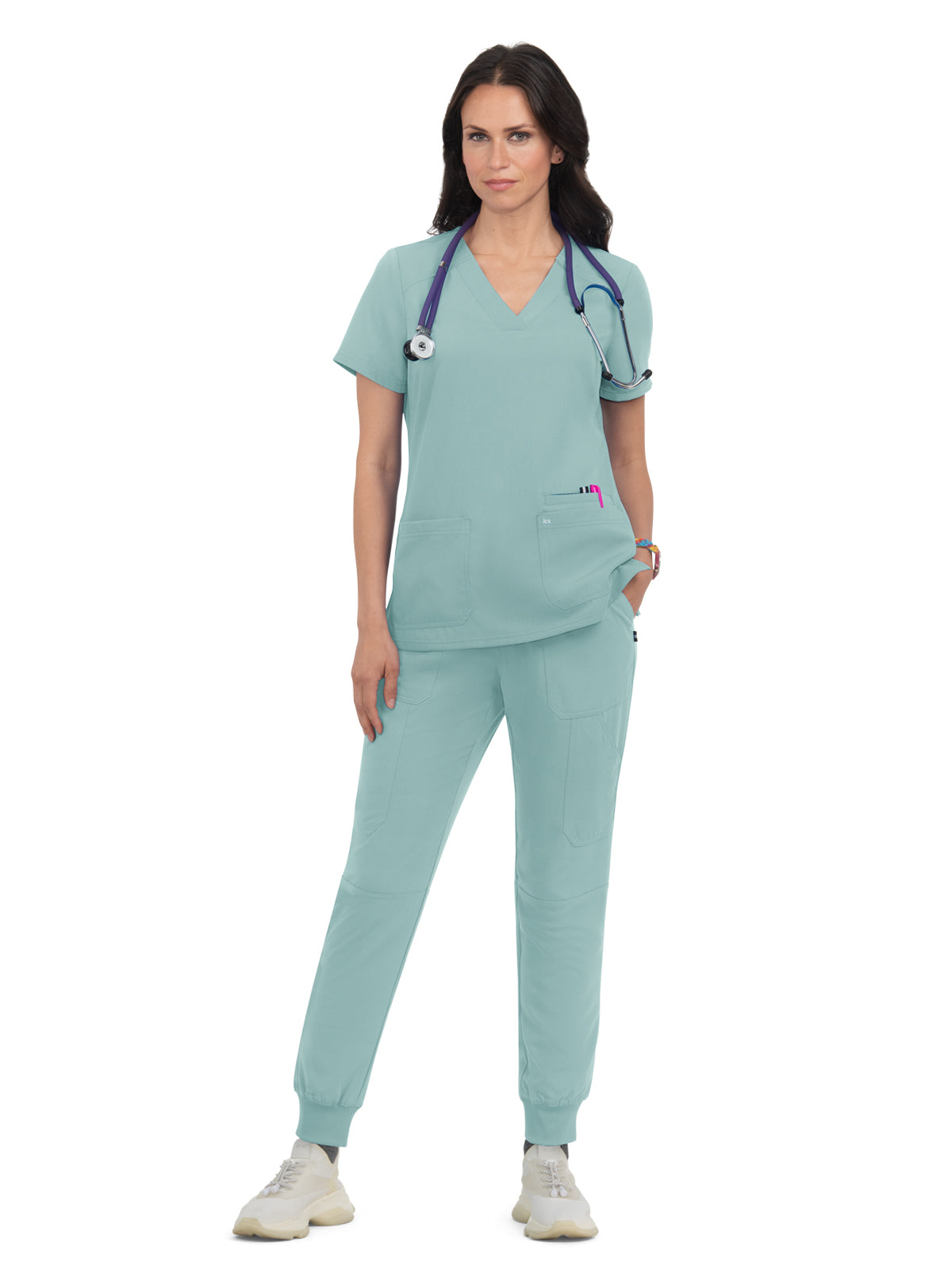 Women's 3-Pocket Wide V-Neck Stretch Hustle and Heart Scrub Top - 1019 - Sage