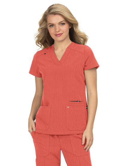 Women's Three-Pocket Wide V-Neck Stretch Hustle and Heart Top - 1019 - Heather Coral