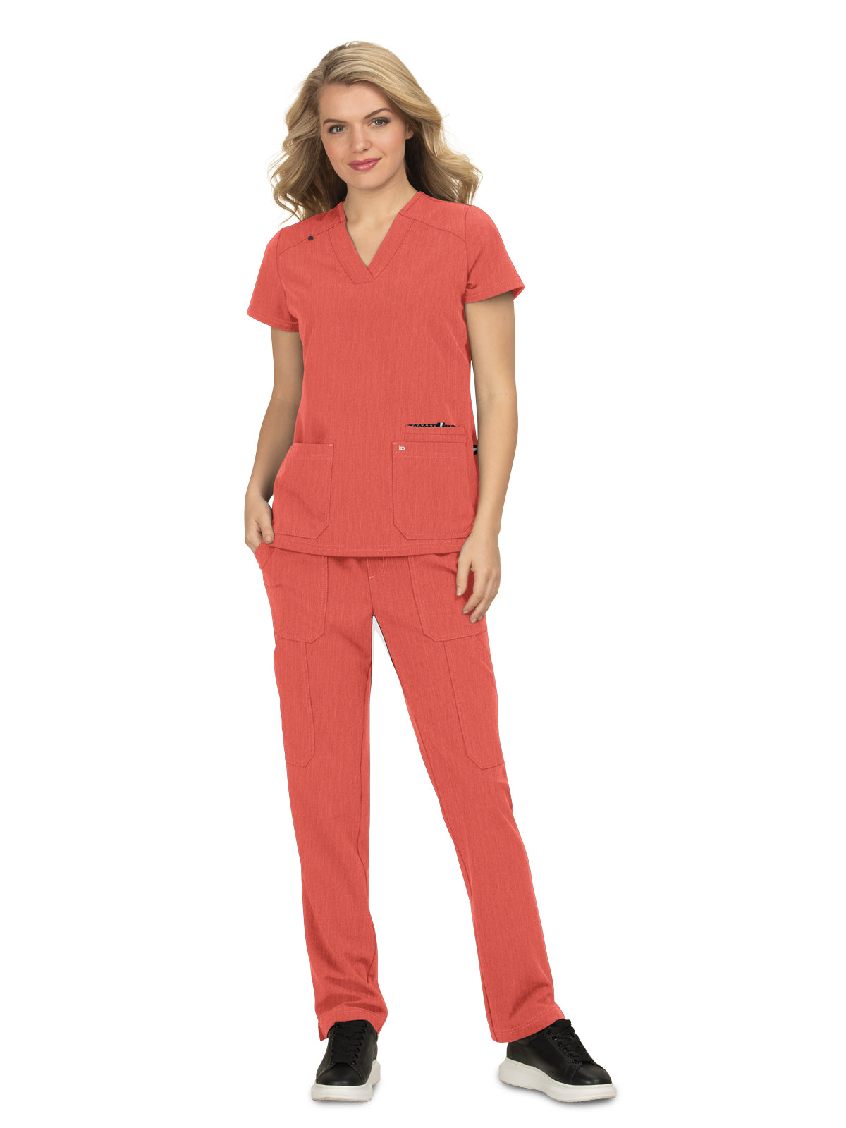 Women's 3-Pocket Wide V-Neck Stretch Hustle and Heart Scrub Top - 1019 - Heather Coral