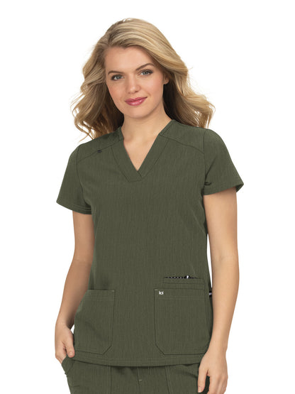 Women's Three-Pocket Wide V-Neck Stretch Hustle and Heart Top - 1019 - Heather Olive