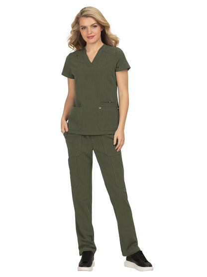 Women's 3-Pocket Wide V-Neck Stretch Hustle and Heart Scrub Top - 1019 - Heather Olive