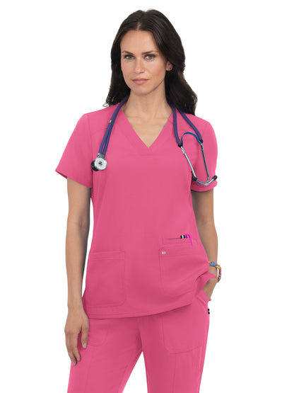 Women's Three-Pocket Wide V-Neck Stretch Hustle and Heart Top - 1019 - Geranium
