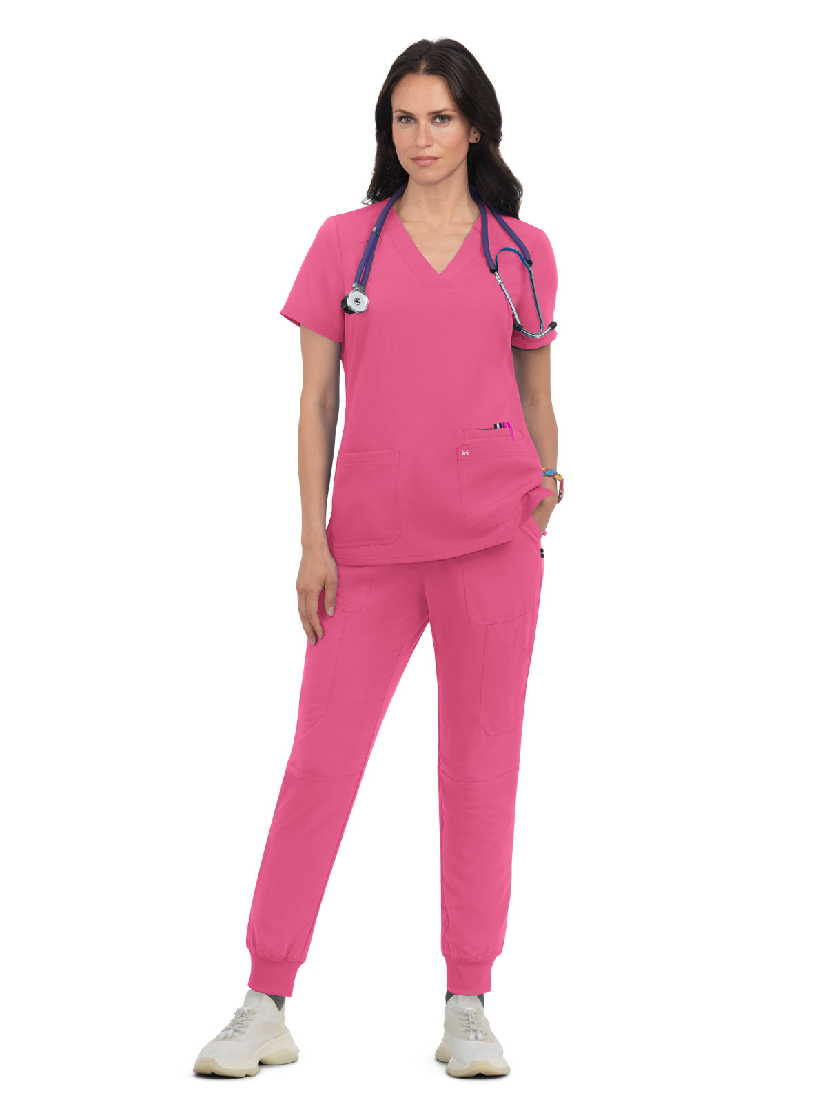 Women's 3-Pocket Wide V-Neck Stretch Hustle and Heart Scrub Top - 1019 - Geranium