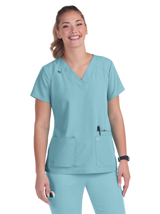 Women's 3-Pocket Wide V-Neck Stretch Hustle and Heart Scrub Top - 1019 - Sea Glass