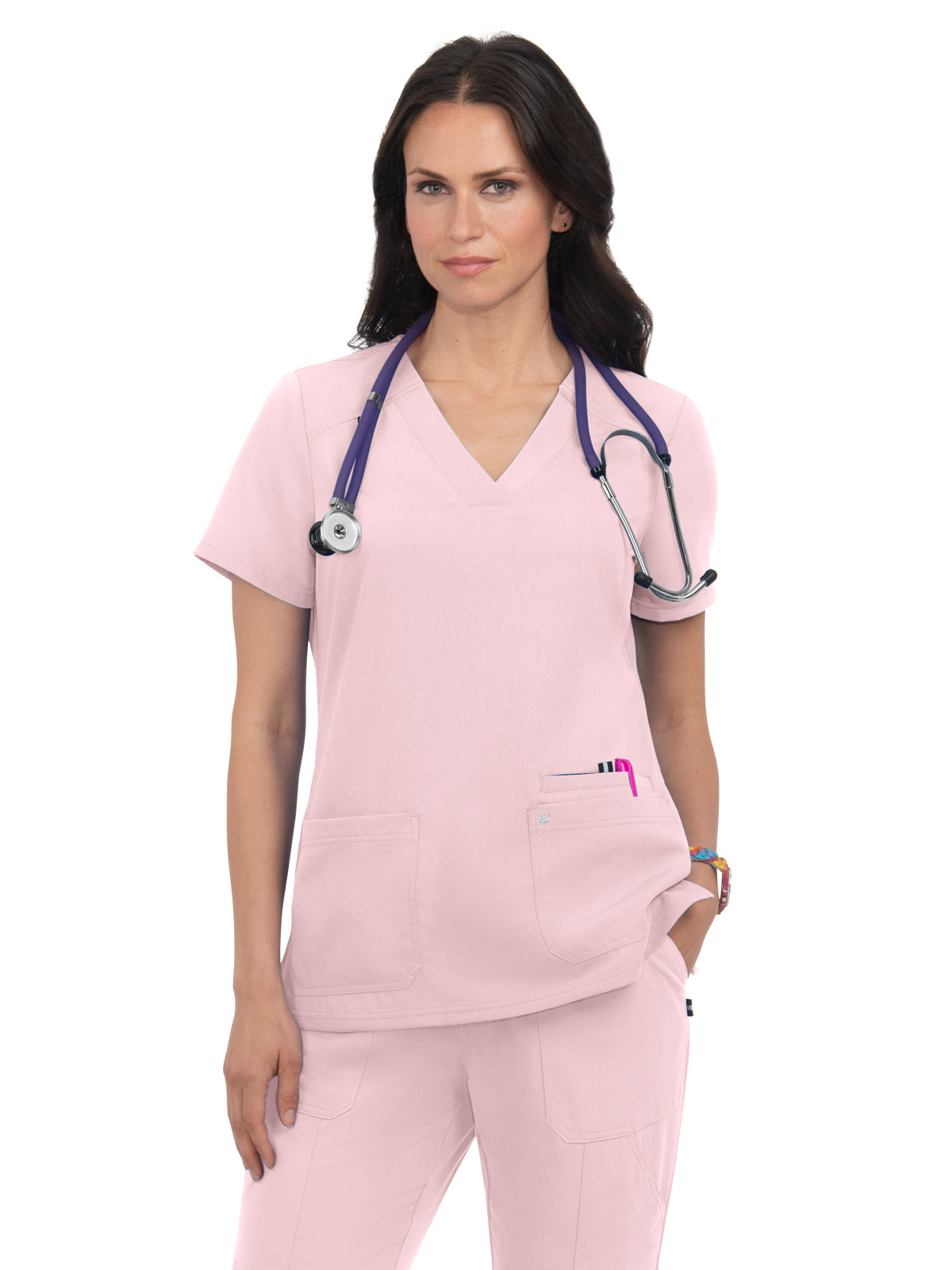 Women's 3-Pocket Wide V-Neck Stretch Hustle and Heart Scrub Top - 1019 - Pink Dream