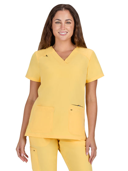 Women's Three-Pocket Wide V-Neck Stretch Hustle and Heart Top - 1019 - Butter Yellow