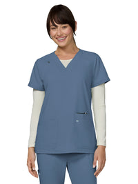 Women's Three-Pocket Wide V-Neck Stretch Hustle and Heart Top - 1019 - Bluestone