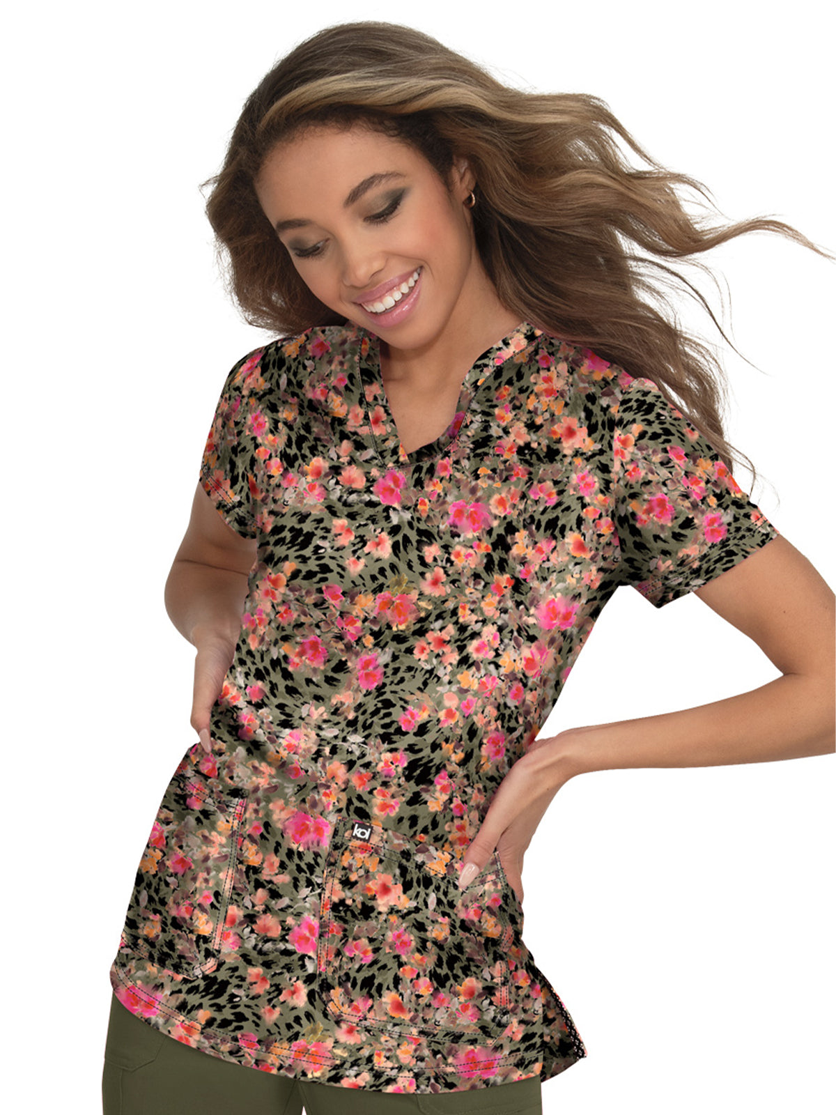 Women's 2-Pocket Print V-Neck Early Energy Scrub Top - 1029PR - Wildflower Mirage