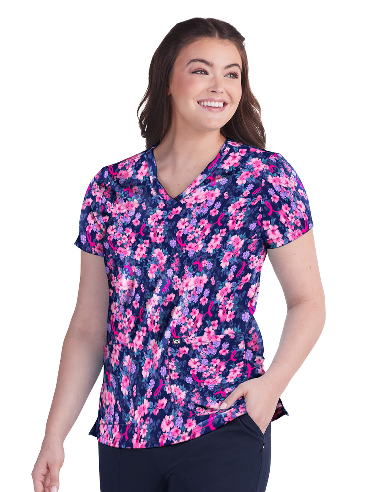 Women's 2-Pocket Breast Cancer Early Energy Scrub Top - 1029PRM - BCRF Sweet Blossom