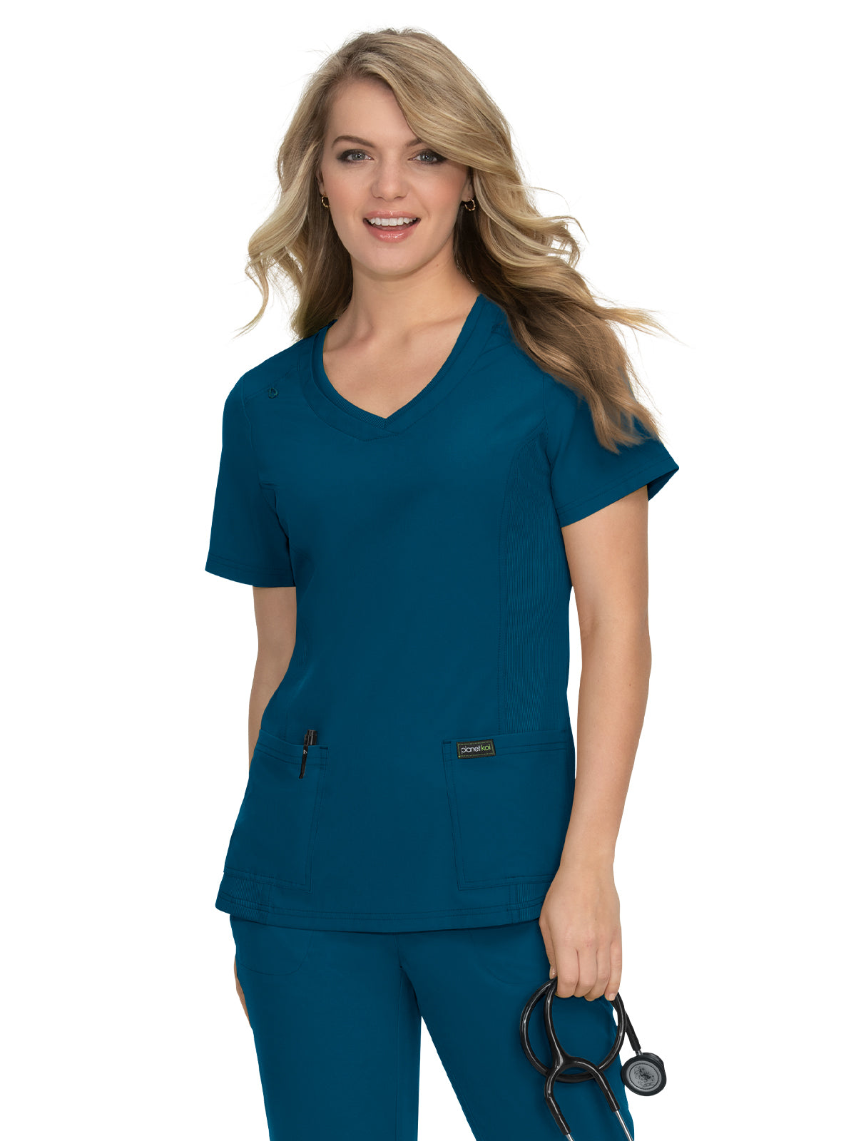 Women's 2-Pocket Eco-Friendly Longevity Scrub Top - 1034 - Caribbean Blue