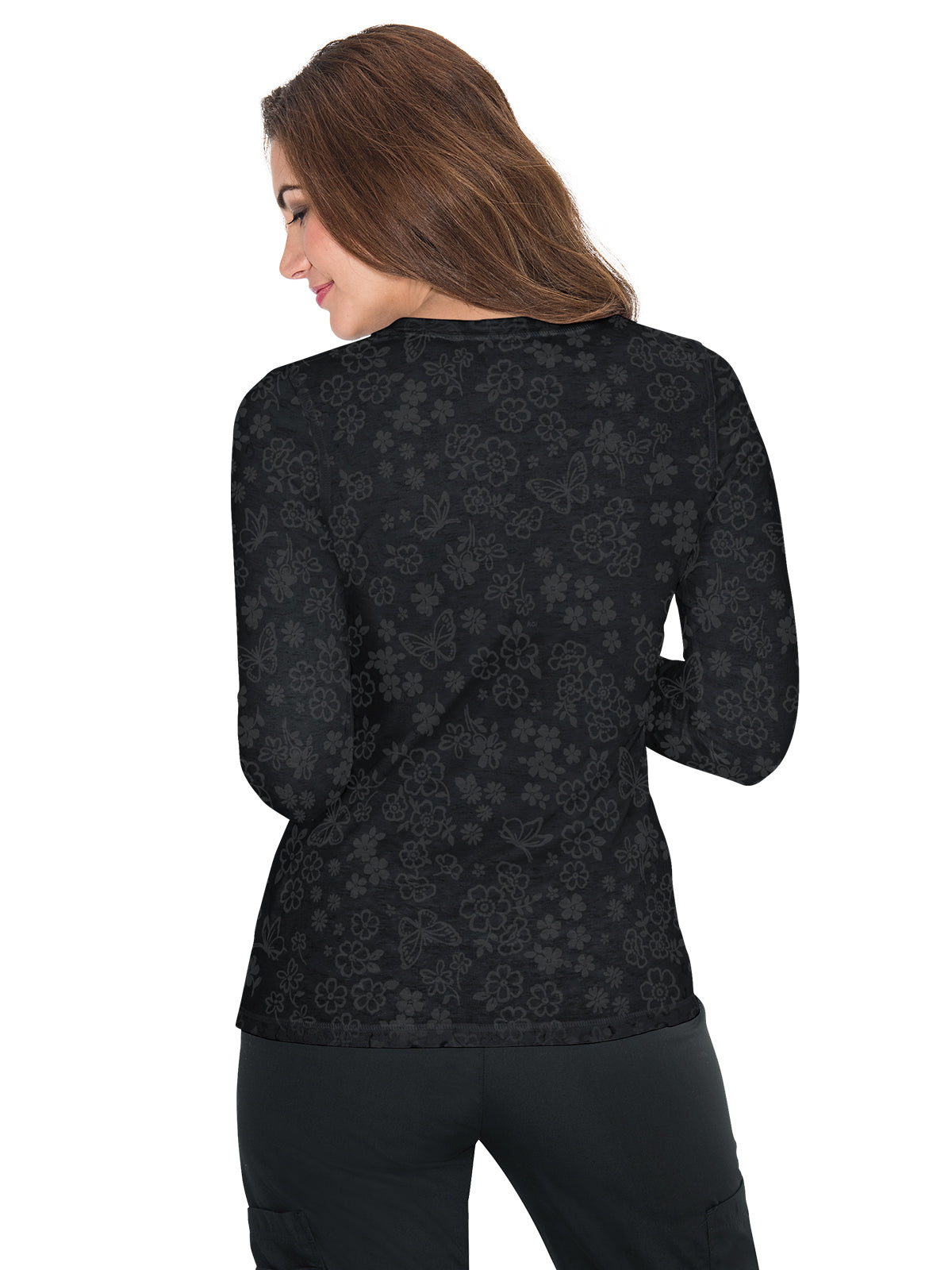 Women's Long-Sleeve Floral Burnout Presley Underscrub Tee - 1061PR - Flower Burnout Black